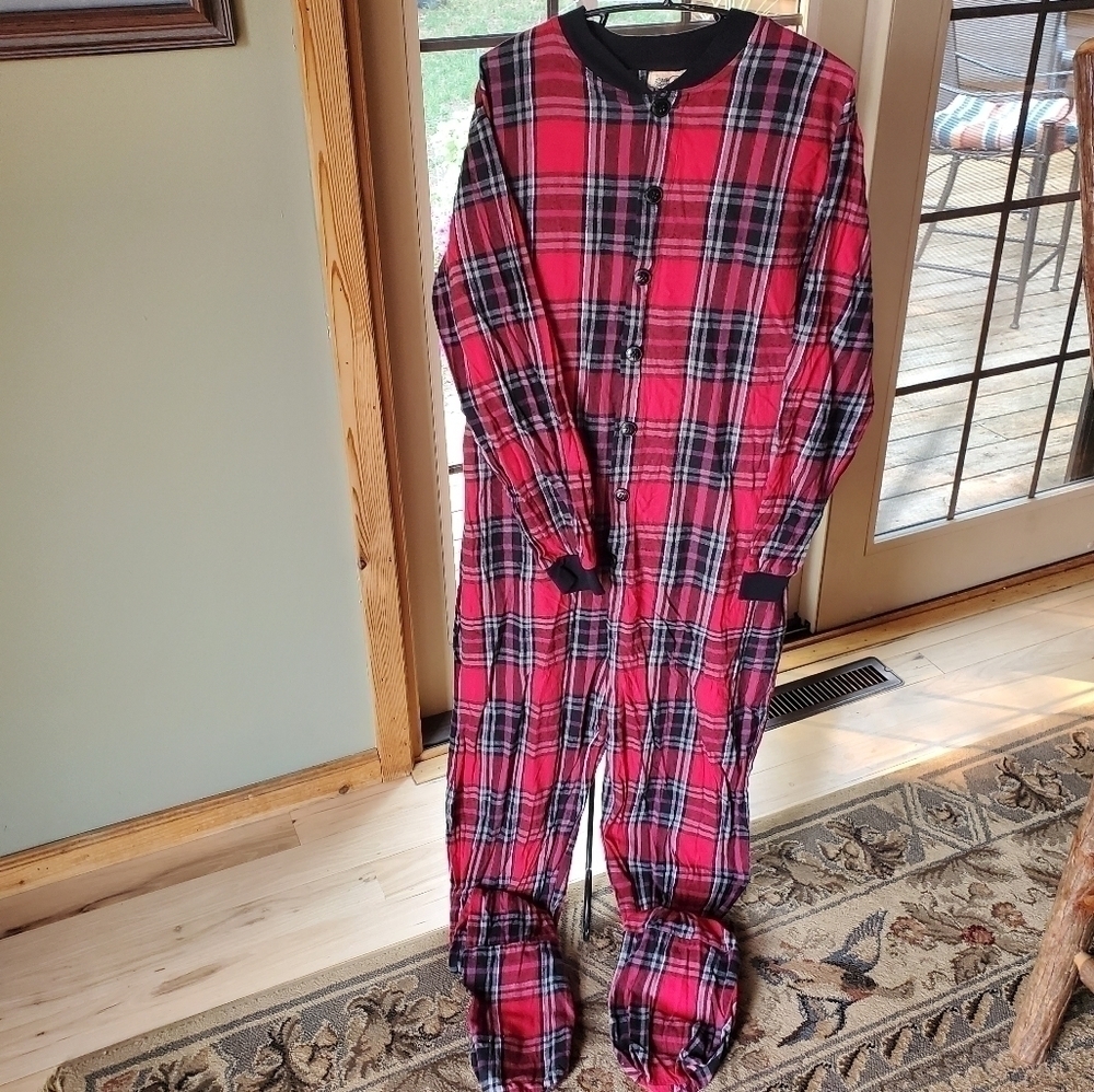 Big Feet Drop Seat Onesie Red‎ Plaid Flannel Footed Sz XL Pajamas